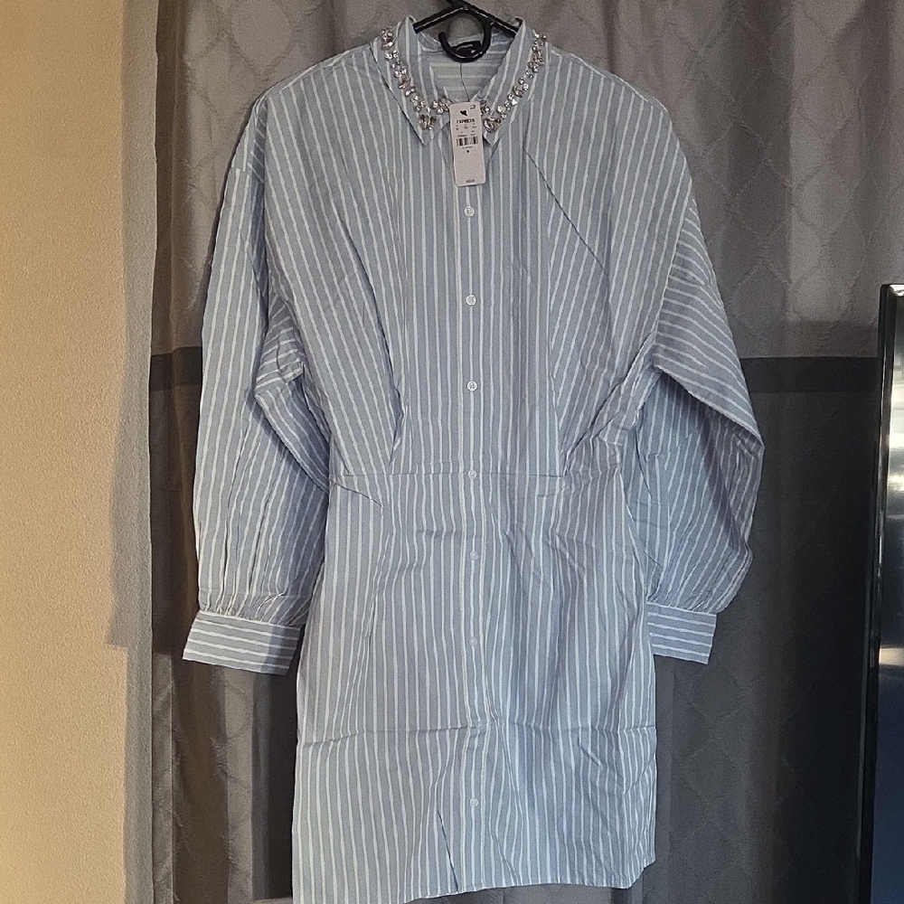 STRIPED EMBELLISHED COLLAR MINI SHIRT DRESS